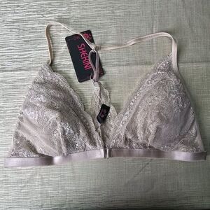 Shekini Lace Bra Triangle Cups Front Clasp Racerback Wireless‎ Pale Mauve Sz LG